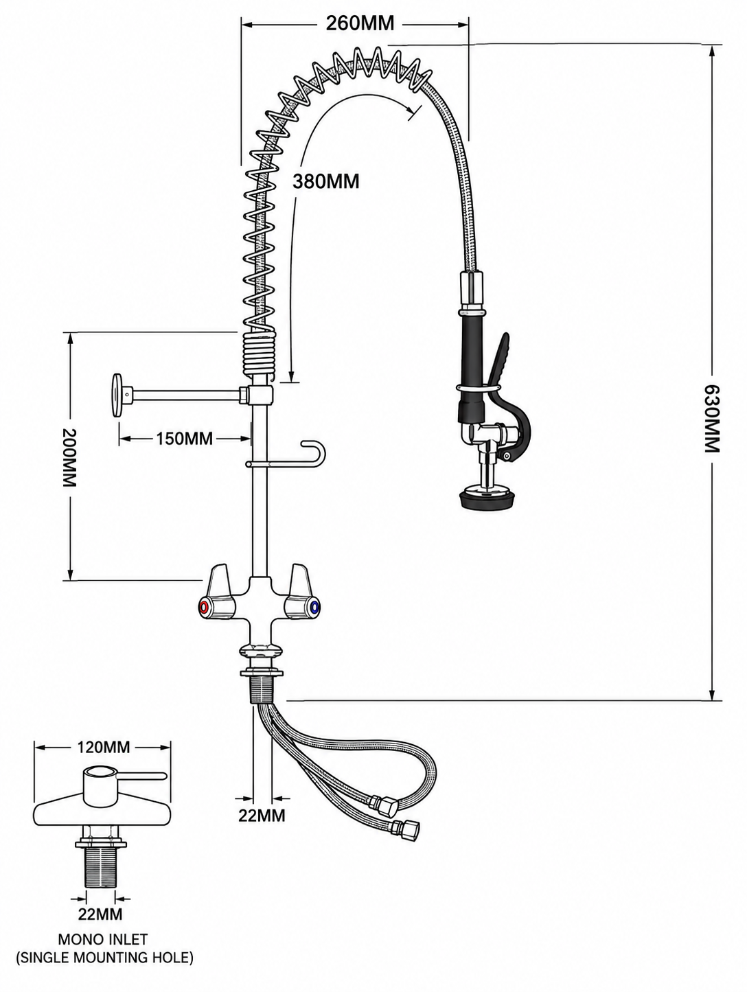 Compact Commercial Mono Pre-Rinse Spray Arm – 630mm