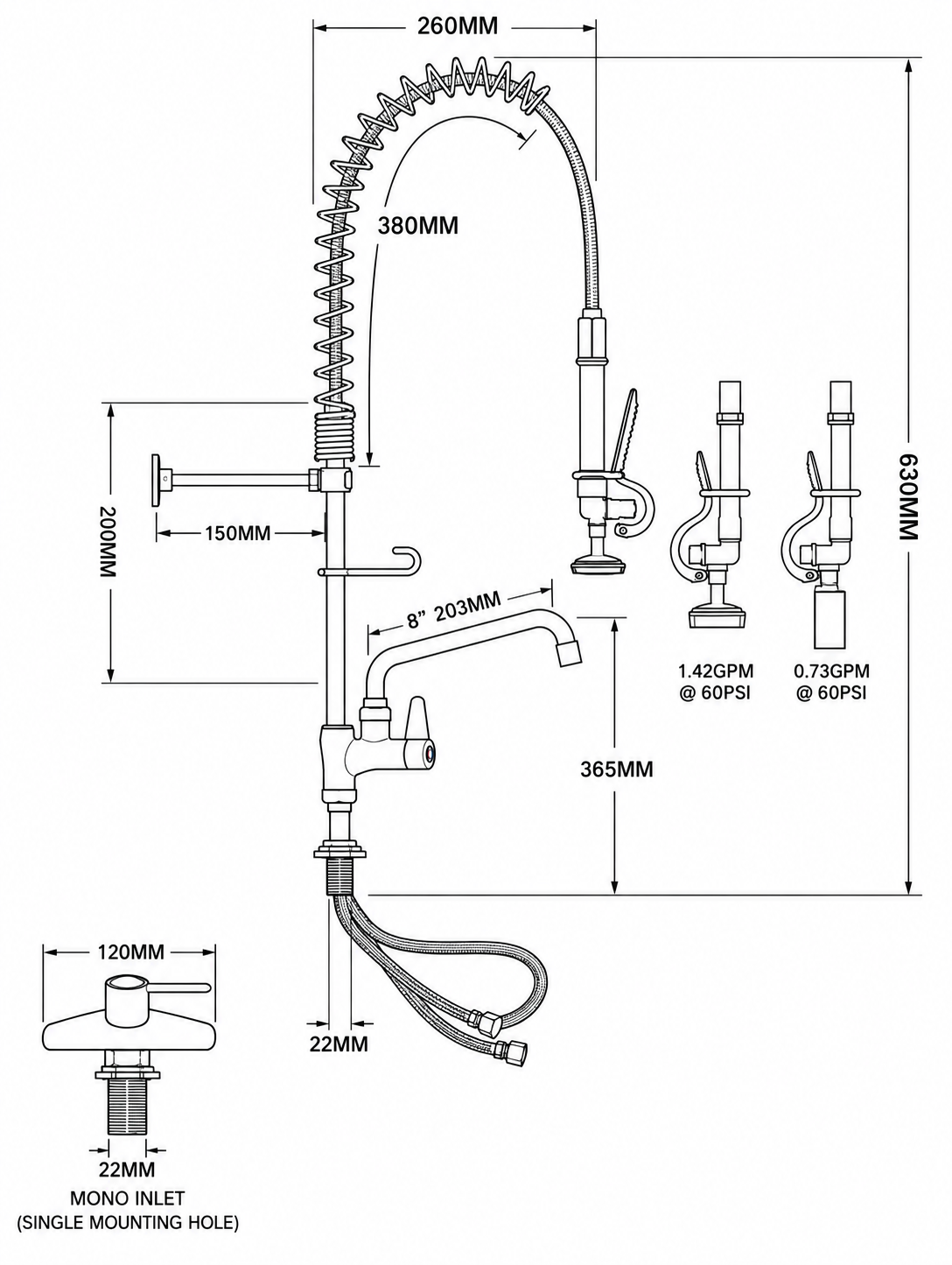 Compact Commercial Mono Pre-Rinse Spray Arm with 8" Bowl Filler – 630mm