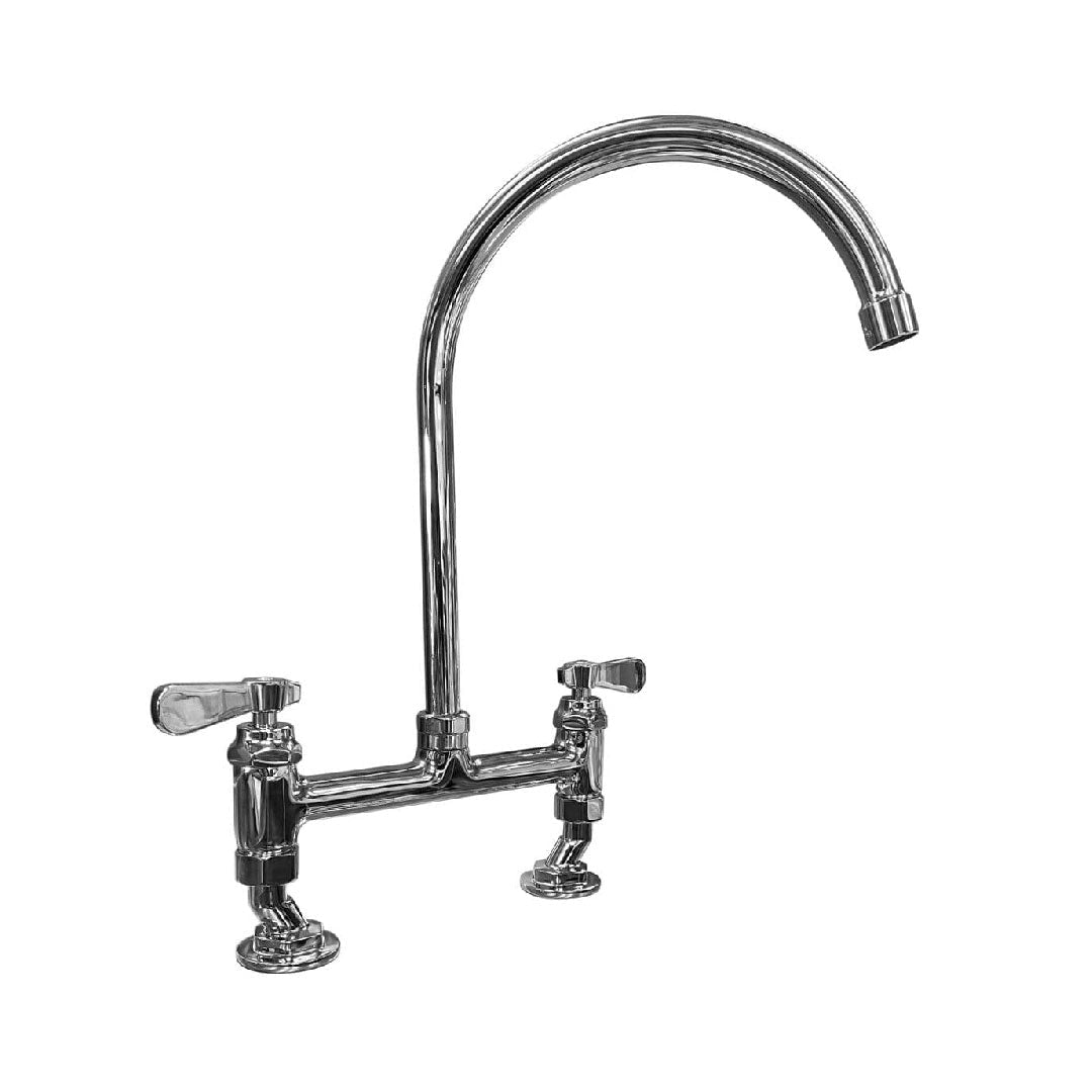 Commercial Heavy Duty Deck Mounted Swan Neck Twin Pedestal Mixer Tap - Catering Taps