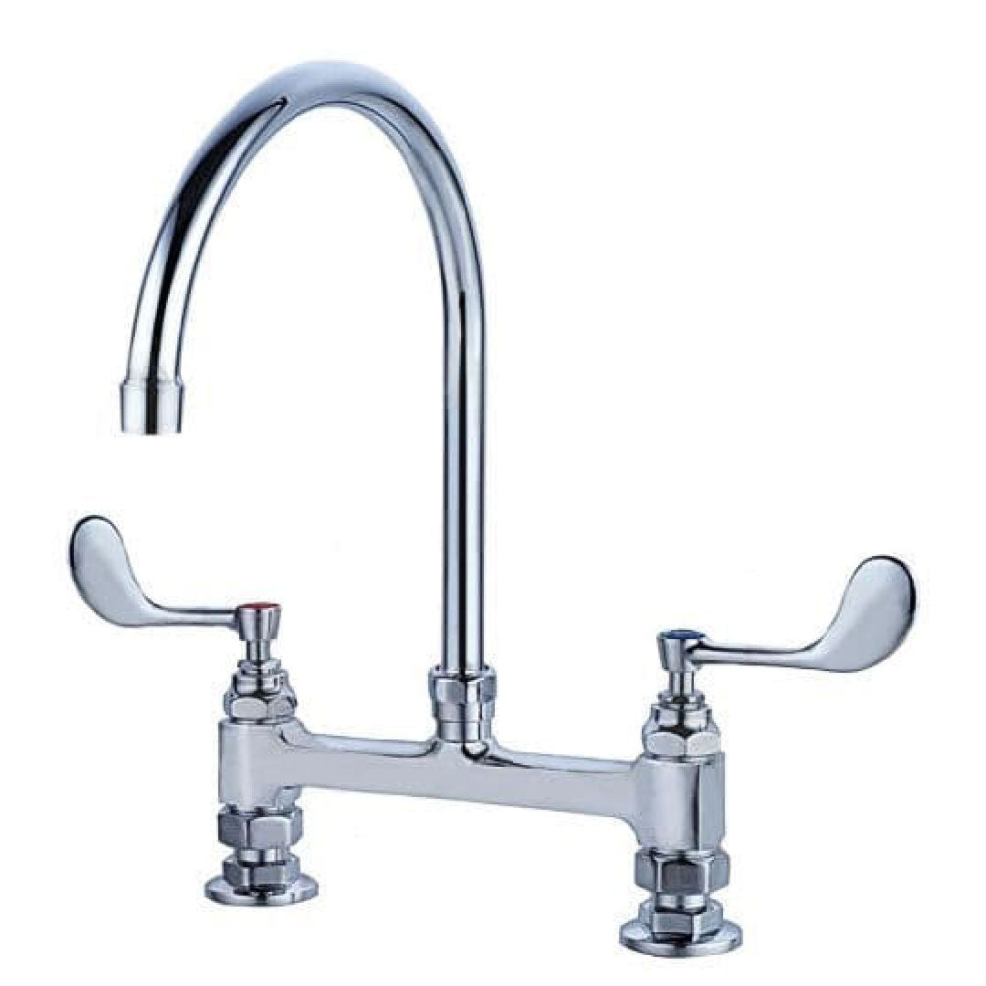 Commercial Heavy Duty Deck Mounted Twin Pedestal Goose Neck Mixer Taps - Long Lever