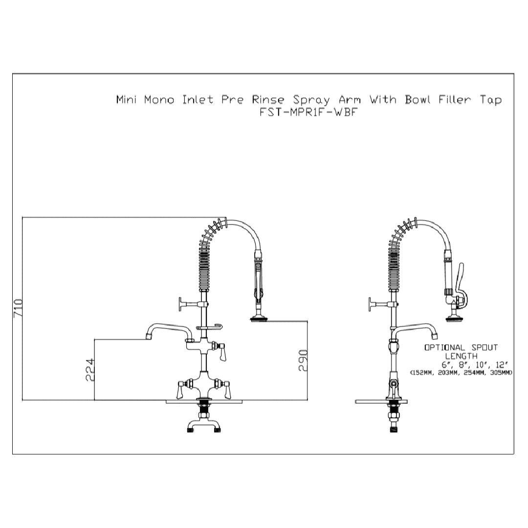 Commercial Mini Mono Inlet Pre Rinse Spray Arm With Bowl Filler Tap - Catering Taps