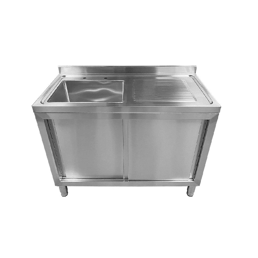 Commercial Single Bowl Sink Cupboard - 1200x600mm - Right Hand Drainer - Catering Taps