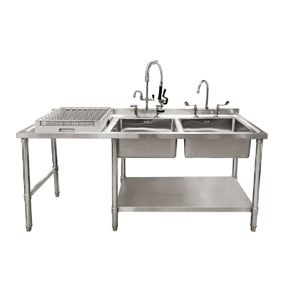 Double Bowl Commercial Sink For Dishwasher- 1800x650x900mm Left Hand Drainer
