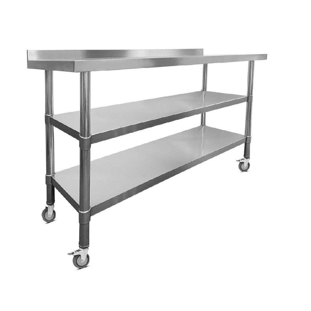 Stainless Steel Wall Prep Table - 1500x600x900mm - Castors - Two Shelves