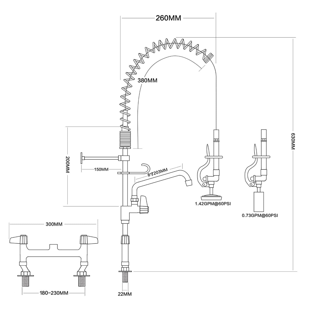 Mini Commercial Pre-Rinse Spray Arm with Bowl Filler – Twin Inlet – 630mm