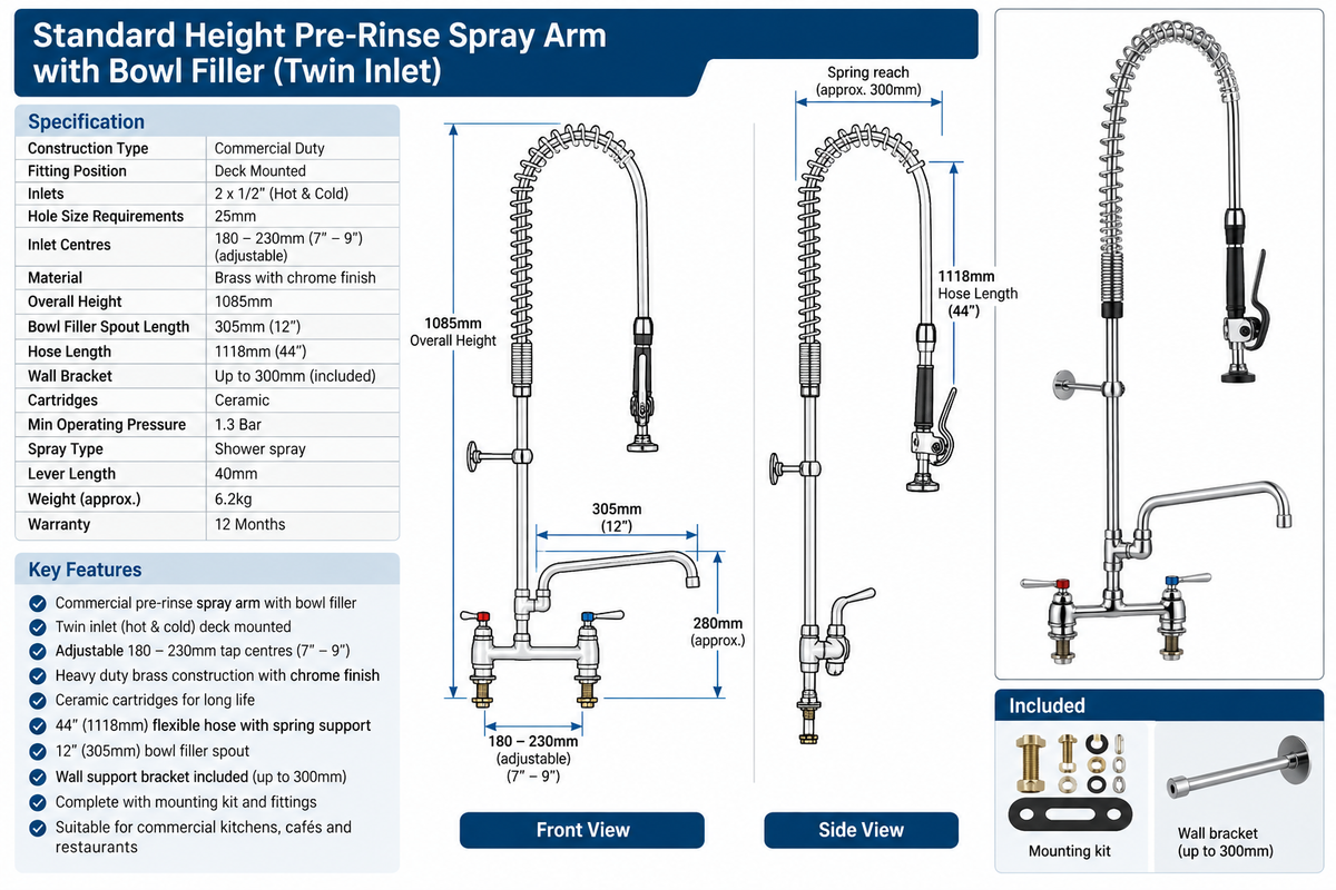 Mini Commercial Pre-Rinse Spray Arm with Bowl Filler – Twin Inlet – 630mm