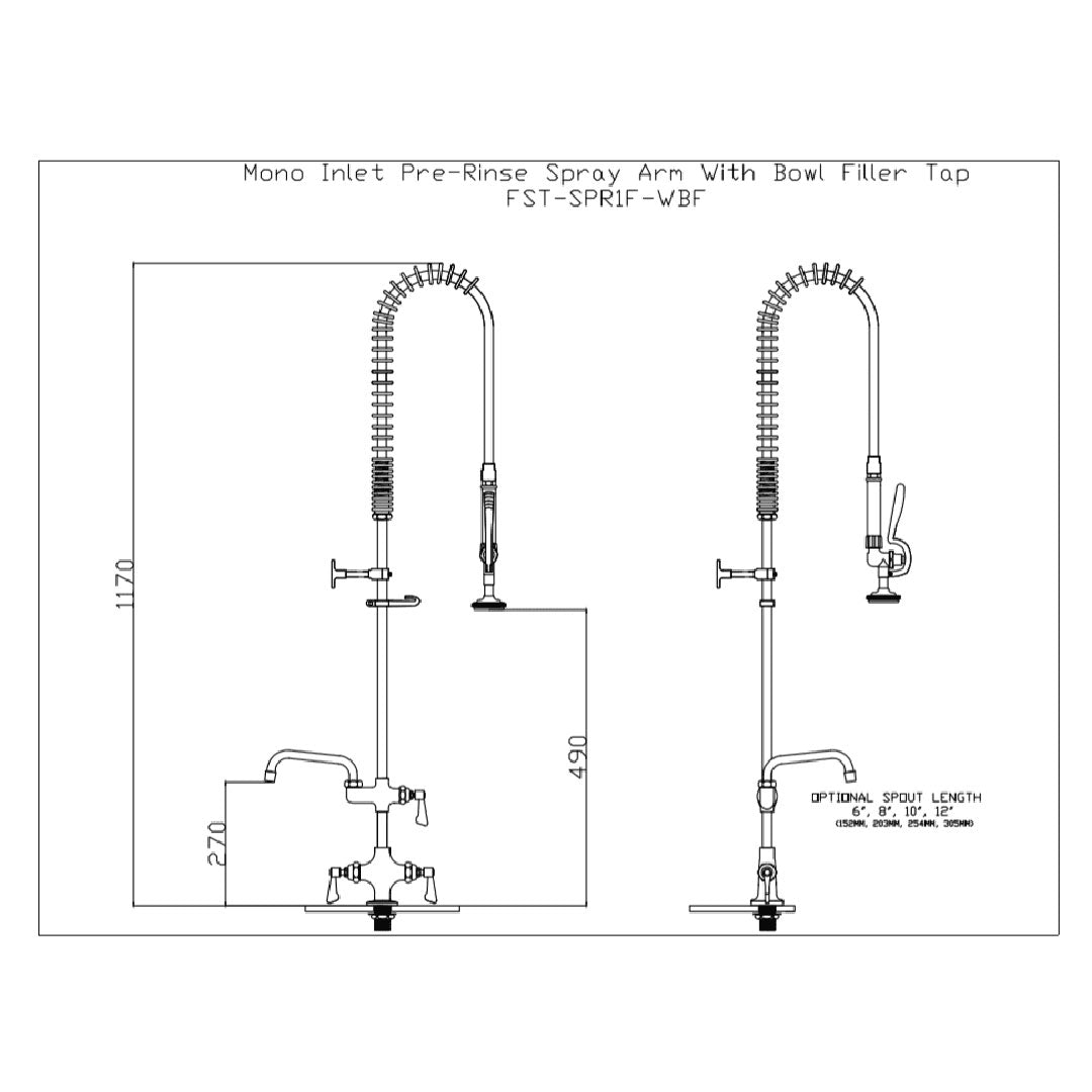 Commercial Mono Inlet Pre-Rinse Spray Arm With Bowl Filler Tap