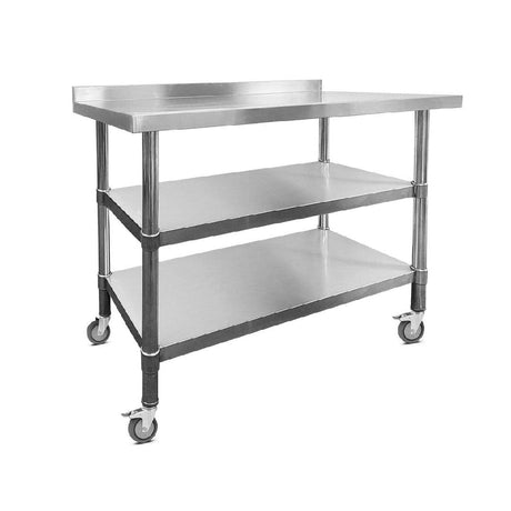 Stainless Steel Wall Prep Table - 1200x600x900mm - Castors - Two Shelves - Catering Taps