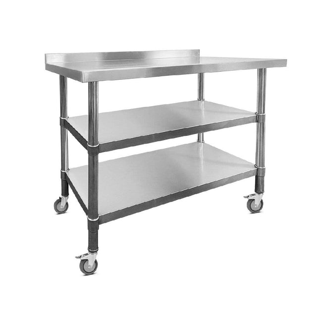 Stainless Steel Wall Prep Table - 1200x600x900mm - Castors - Two Shelves - Catering Taps