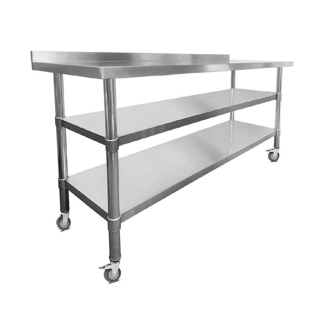Stainless Steel Wall Prep Table - 1800x600x900mm - Castors - Two Shelves - Catering Taps